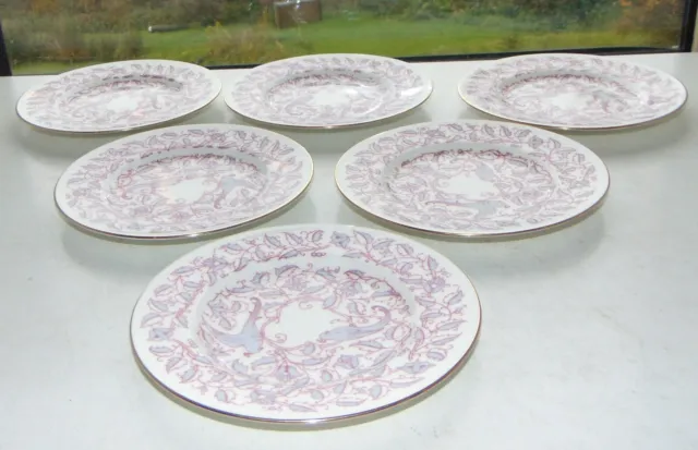 Minton English Bone China 1950s Blue Parrot Pattern Pink Leaves 6 x Side Plates
