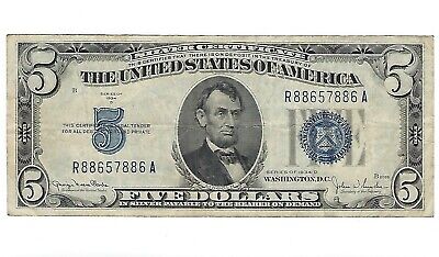 1934 D Series $5 Silver Certificate Paper Money Five Dollars Circulated Currency