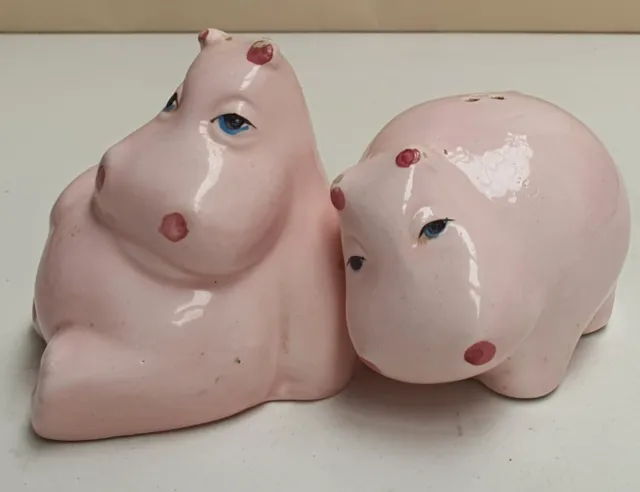 Vintage Pair of Pink Hippos Salt & Pepper Made in Taiwan 7cm Tall 7cm Wide