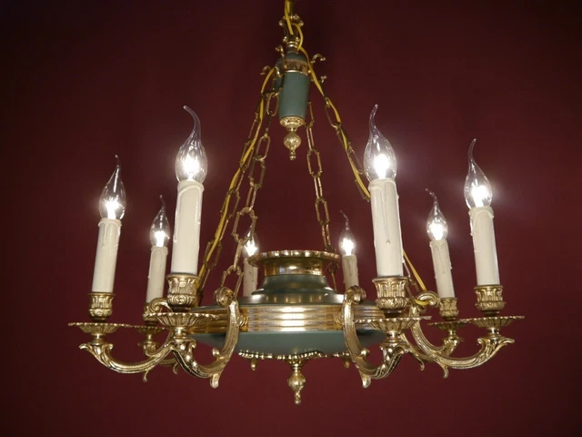 8 Light Brass Empire Chandelier Green Varnish Lamp French Old Ø 27" 8 Light Brass Empire Chandelier Green Varnish Lamp French Old Ø 27"