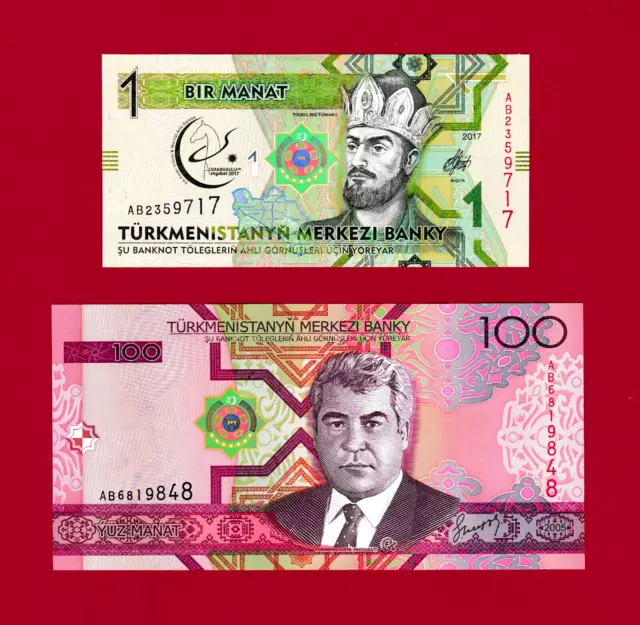 TURKMENISTAN UNC BANKNOTES: 1 Manat 2017 (Pick-22), & 100 Manat 2005 (Pick-18)