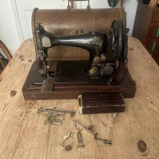 Antique 1892 Singer Hand Crank Sewing Machine Bent Wood Case Extra Feet