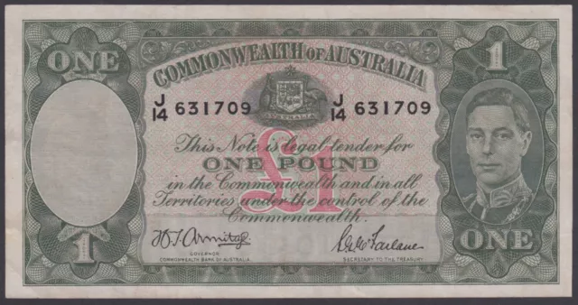 BN176a) Australia 1942 £1 Note, Armitage/McFarlane, Dark Green R30a, VF.