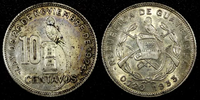 GUATEMALA Silver 1933 10 Centavos Royal British Mint KM# 239.2 (24 610)