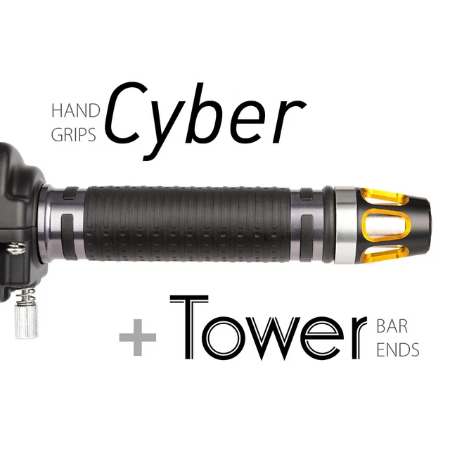 KiWAV Motorcycle Cyber Grips Dark Gray with Tower Bar Ends Gold/Silver