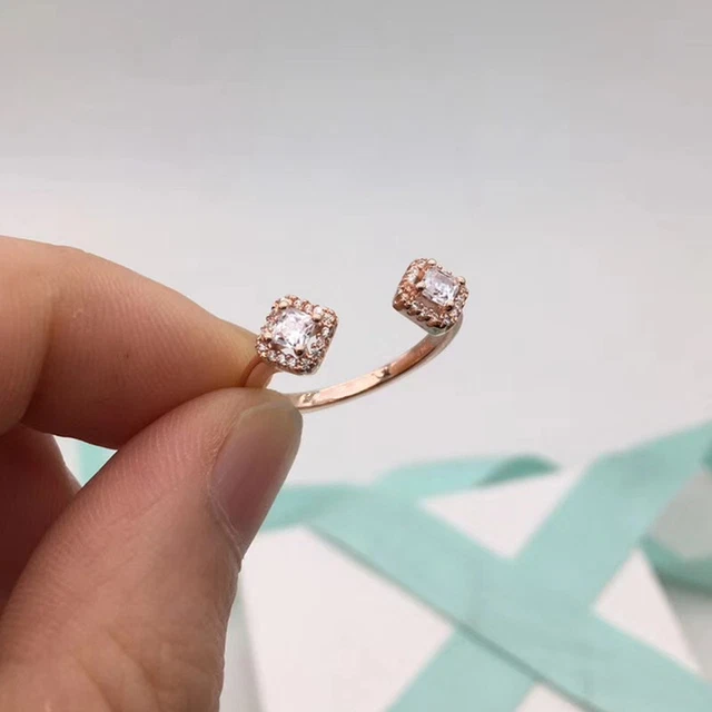 Mycomely, 925 Sterling Silver, Silver & CZ, Rose Gold Ring, Open Square Sparkle