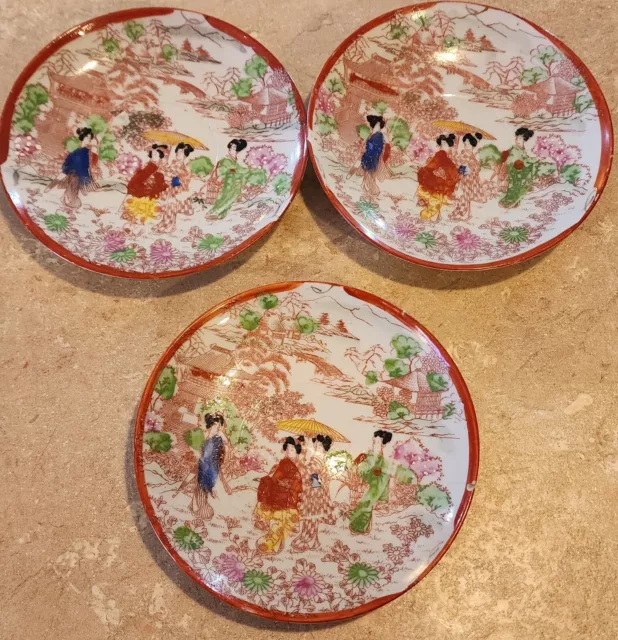 Set Of 3 Vintage Hand Painted Porcelain Japan Saucer Plate W/Geisha Girls