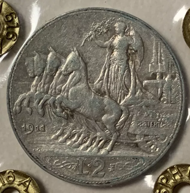 2  Lire Quadriga 1911 Rara Perizia BB Regno d'Italia Vitt Em III Moneta Argento