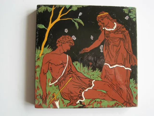6" Sq. Antique Minton Hollins Venus & Adonis Printed & Enamelled Tile C1880