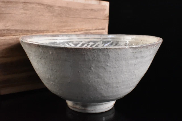 M1254: Korean Li Dynasty White glaze TEA BOWL Green tea tool w/signed box