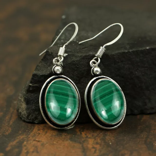 Malachite 925 Sterling Silver Earrings, Oval Gemstone Handmade Dangle Earrings,