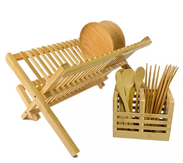 Set Of 2 Bamboo Wood Folding  2 Tier Dish Drainer Plate Rack With Cutlery Holder