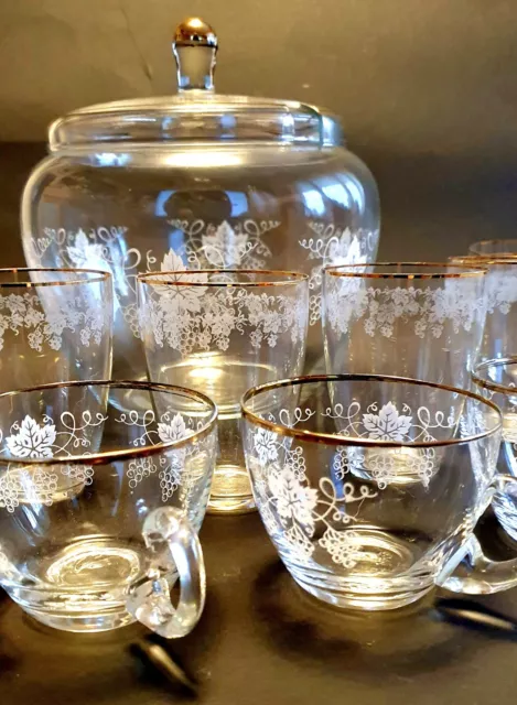 Bowle + Weingläser 14 Stück Weinlaub Dekor Goldrand Glas Vintage Oma Nachlass