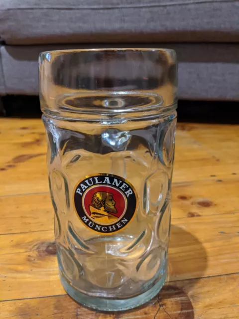 Large Glass Beer German Stein Paulaner Munchen 21cm Tall