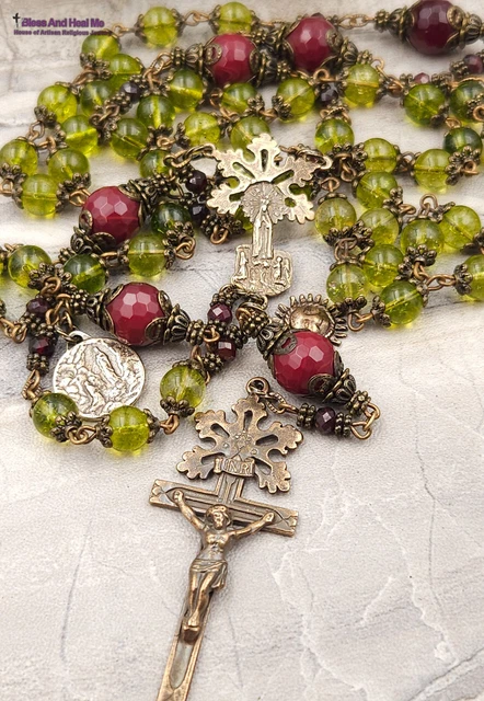 Radiant Fatima Lourdes Peridot Vintage Bronze Ornate Antique Style Rosary