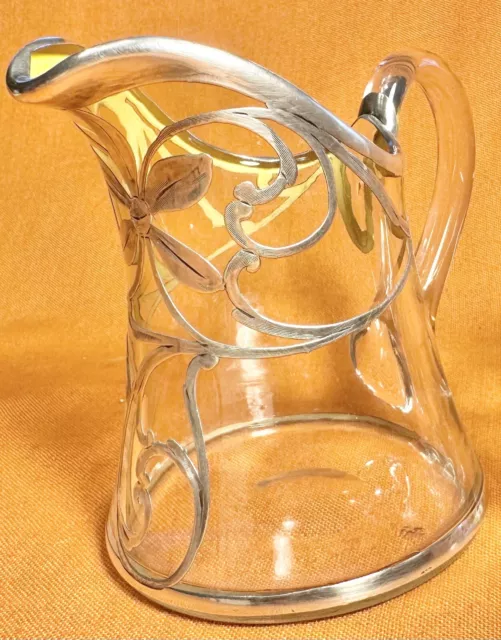 Antique Art Nouveau Creamer Pitcher Sterling Silver Overlay Hand Blown Glass