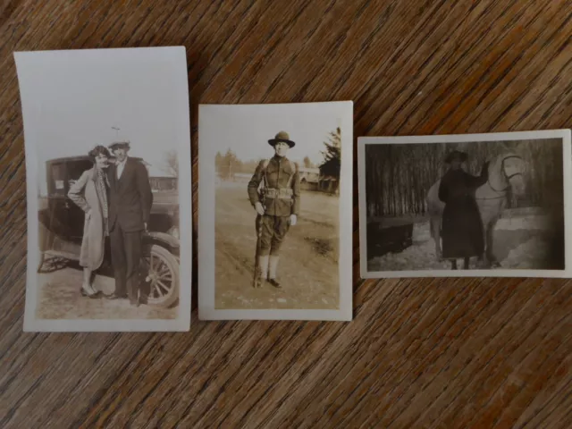 antique photo lot of 3 Antique Car Girl Horse Military early 1900's Vintage