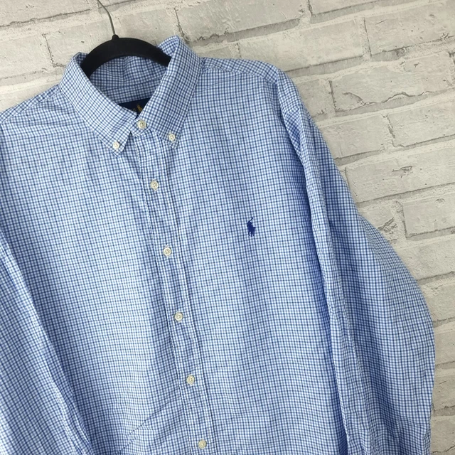 Camicia da uomo Ralph Lauren taglia XL XXL blu a quadretti bianco gingham logo manica lunga