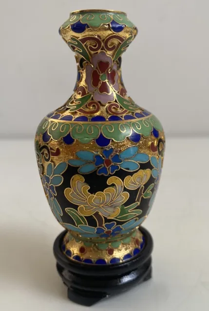 Chinese Cloisonne Enamel Gilded Decorative Vase Flowers W/Stand