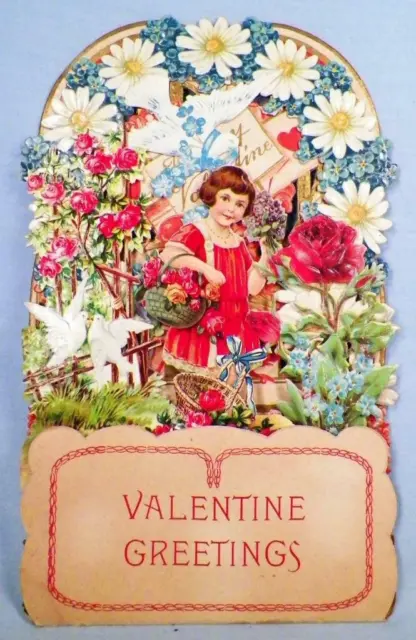 Die Cut Valentine Card Greetings Girl Doves Daisies Roses Vintage Victorian #7