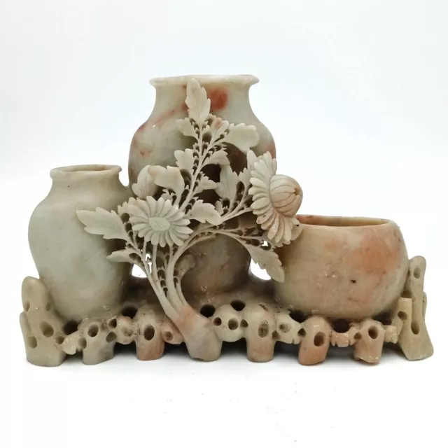 Vintage Intricate Chinese Soapstone Floral 3 Vase Sculpture