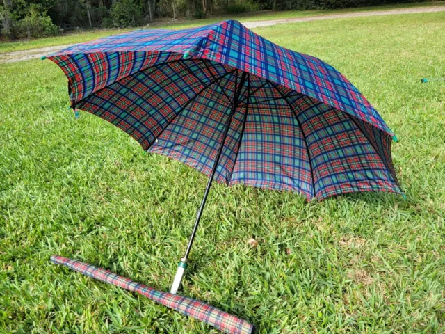 Vintage Tartan Brand Plaid Umbrella with Slip Cover Great Condition