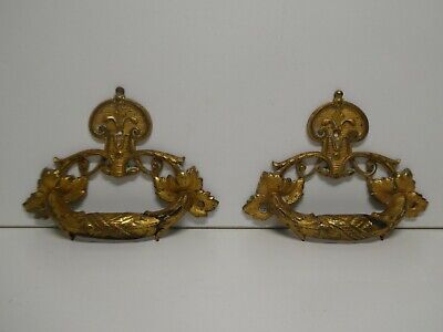 Pair Of Antique Cast Brass Ornate Leaf Cabinet Door Drawer Handles