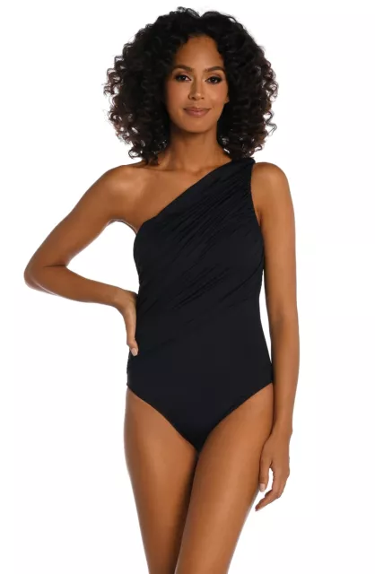 La Blanca Women Island Goddess Shirred One Shoulder OnePiece Swimsuit Black 6