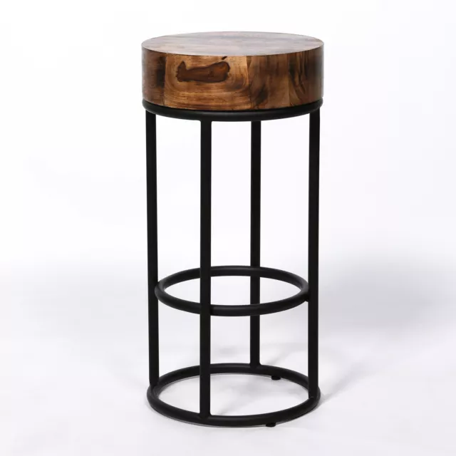 68cm Industrial Metal Black Bar Stool Chunky Round Wooden Top Kitchen Side Table