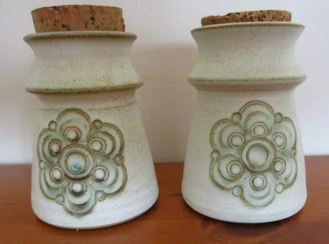Vintage JERSEY POTTERY STONEWARE Salt Pepper Shakers Jar Cork Stoppers C.I. Rare