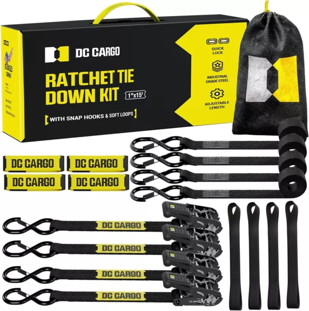 Retractable Ratchet Straps 1 in x 15 ft, Breaking Strength 1,800LBS -4PCS