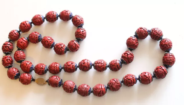 Antique Necklace Chinese Carved Red Cinnabar  Enamel Silver Beads Strand 30"