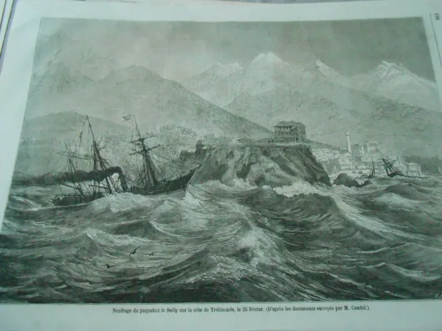 Gravure 1861 - Naufrage du paquebot Le Sully 6 Sinking of the liner Sully