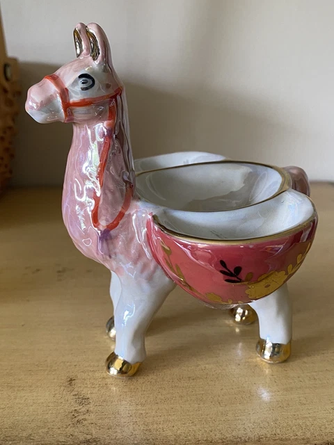 Anthropologie Trinket Dish Porcelain Pink & Gold Llama Ring Holder Lusterware 5”