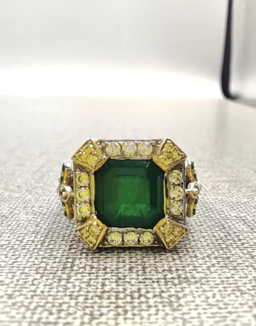 Pine Green Square Emerald, Yellow Citrine & White CZ Art Deco Mid-Century Ring