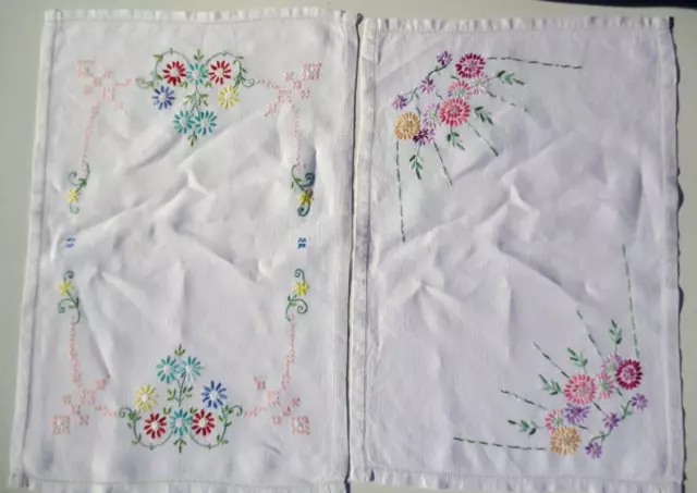 2 x Vintage White Linen Tray Table Cloths Mats. Floral  Embroidery Hand Made