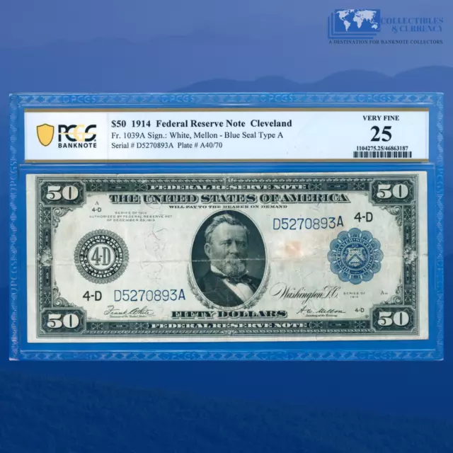 Fr.1039a 1914 $50 Fifty Dollars Federal Reserve Note Cleveland OH, PCGS 25 #0893 Fr.1039a 1914 $50 Fifty Dollars Federal Reserve Note Cleveland OH, PCGS 25 #0893