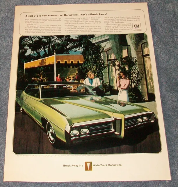 1969 Pontiac Bonneville Vintage Ad "A 428 V-8 Is Now Standard on Bonneville."
