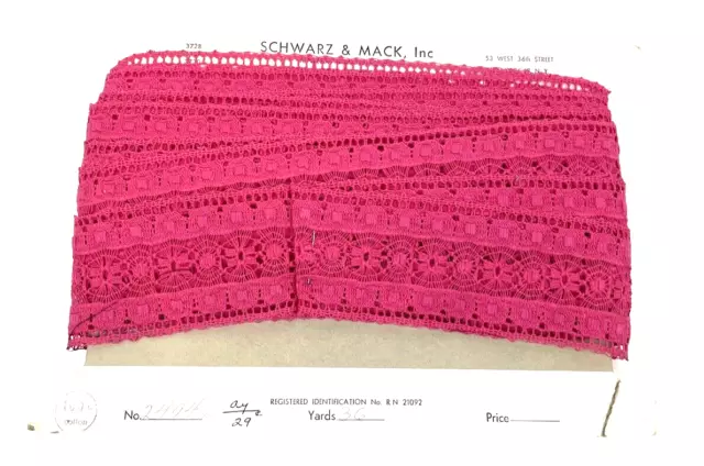 Vintage Lace Trim Fuchsia Ribbon Crochet Embroidered Bolt Bright Pink 10 yd USA