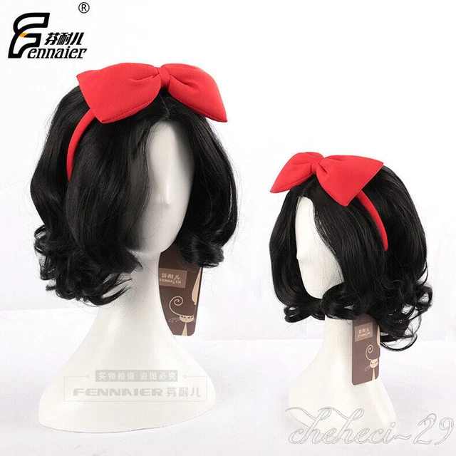 Fairytale Black Short &Wavy Snow White Adult Fancy Costume Wig +Red bow headband