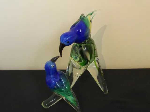 Vintage Glass Art, Beautiful pair of birds, blue and green, On a three legged gl