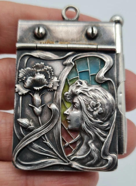 Silber Anhänger Carnet De Bal Dance Card Holder Jugendstil Plique A Jour ~1890!!