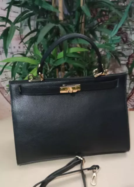 Borsa bag chic nera tipo Kelly con tracolla Vera Pelle Made in Italy