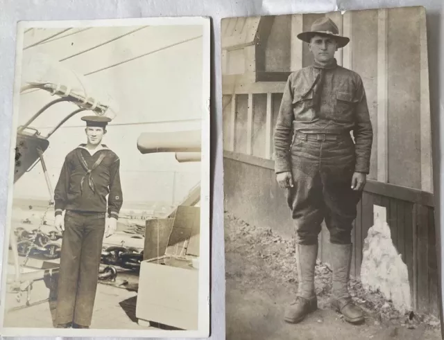 2 1910s WWI Military RPPC Studio Photo Postcard Young Soldier Uniform ARMY NAVY