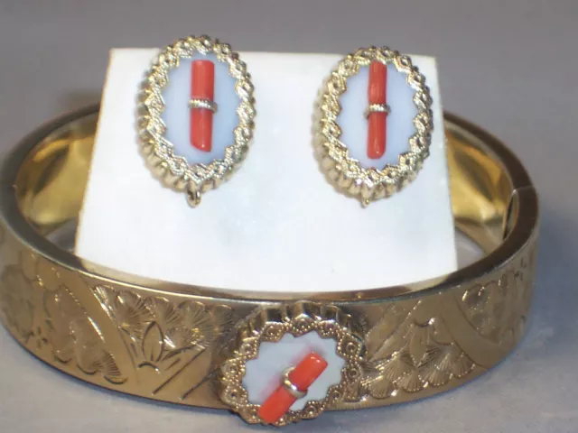 Antique Victorian Gold Filled Coral Mop Bangle Bracelet & Pierced Earrings Set