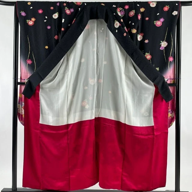 Woman Japanese Kimono Furisode Silk Flower Circle Embroidery Gold Foil Black 2