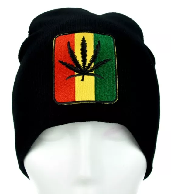 Reggae Cannabis Leaf Marijuana Black Beanie Knit Cap Hat 420 Stoner Bob Marley