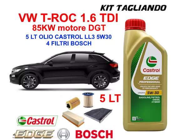 KIT TAGLIANDO OLIO CASTROL LL03 5W30+FILTRI BOSCH VW T-ROC 1.6 TDI mot DGT