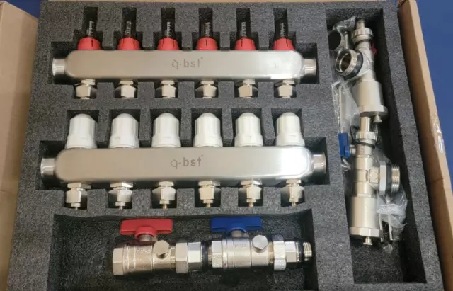 6-Branch PEX Radiant Floor Heating Manifold Set - Stainless Steel, for 1/2” PEX
