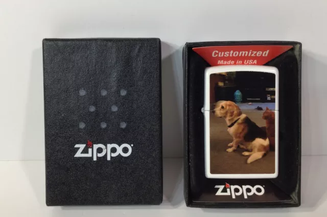 NEW Zippo Lighter- Beagle Dog With Cat-White-SEALED-UNFIRED-In Box-J15